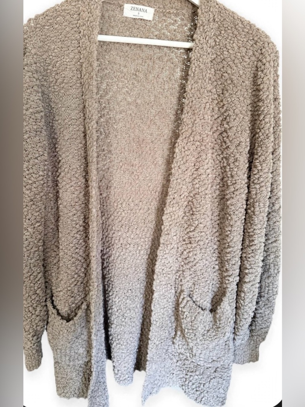 Zenana Size S Taupe Popcorn Boucle Open Front Cardigan Pocket